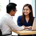 **

A young Malay woman confidently negotiating her salary with a smiling (but professional) HR manager in a modern office setting. She is referencing salary data on her laptop from JobStreet, LinkedIn and Glassdoor. The scene emphasizes her preparation and knowledge of market rates for a "Koordinator Kesejahteraan" (Wellness Coordinator) position. The background shows a bright and modern office.

**