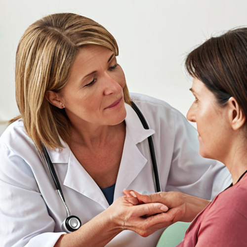 **A caring wellness coordinator providing personalized advice to a woman in her 40s, focusing on holistic health and well-being rather than just surface-level symptoms. The image should convey empathy and understanding.**