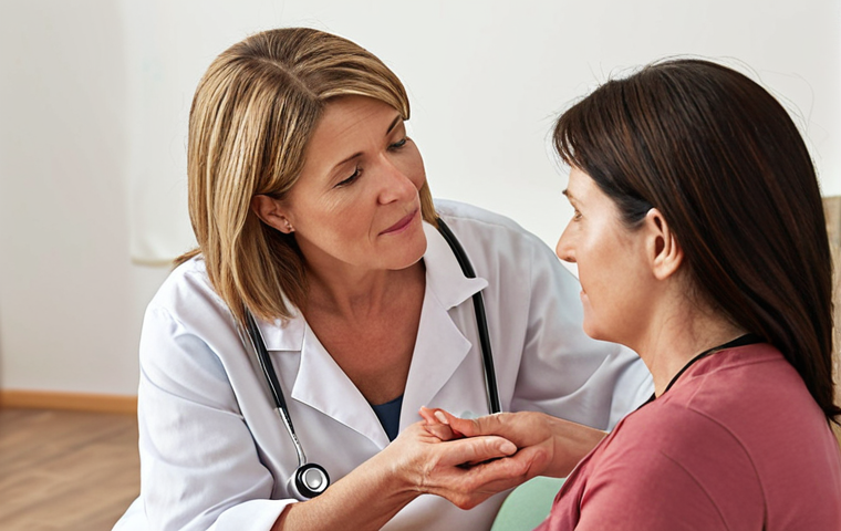 **A caring wellness coordinator providing personalized advice to a woman in her 40s, focusing on holistic health and well-being rather than just surface-level symptoms. The image should convey empathy and understanding.**