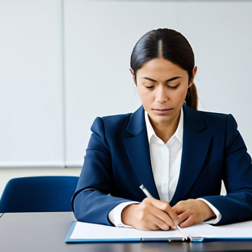 A professional welfare coordinator candidate, female, wearing a modest business suit, seated at a table in a bright, modern training room. She is intensely focused, engaged in analyzing a case study document or scenario on a tablet, demonstrating critical thinking and problem-solving skills. The scene highlights practical application of knowledge. Professional photography, high quality, clear focus, studio lighting. perfect anatomy, correct proportions, natural pose, well-formed hands, proper finger count, natural body proportions. safe for work, appropriate content, fully clothed, professional, appropriate attire, modest clothing.