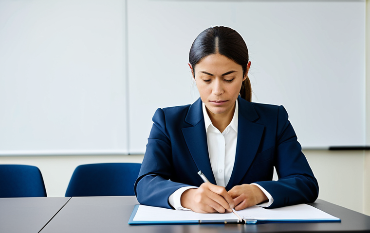 A professional welfare coordinator candidate, female, wearing a modest business suit, seated at a table in a bright, modern training room. She is intensely focused, engaged in analyzing a case study document or scenario on a tablet, demonstrating critical thinking and problem-solving skills. The scene highlights practical application of knowledge. Professional photography, high quality, clear focus, studio lighting. perfect anatomy, correct proportions, natural pose, well-formed hands, proper finger count, natural body proportions. safe for work, appropriate content, fully clothed, professional, appropriate attire, modest clothing.
