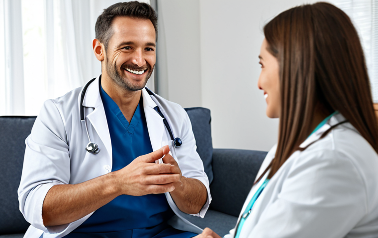 Telehealth Consultation**

"A doctor in a fully clothed, professional white coat, smiling and engaging in a video call with a female patient in her modest home. The background shows a comfortable living room setting. The scene should be brightly lit and convey trust and accessibility. safe for work, appropriate content, fully clothed, professional, perfect anatomy, correct proportions, natural pose, well-formed hands, proper finger count, natural body proportions, high quality."

**