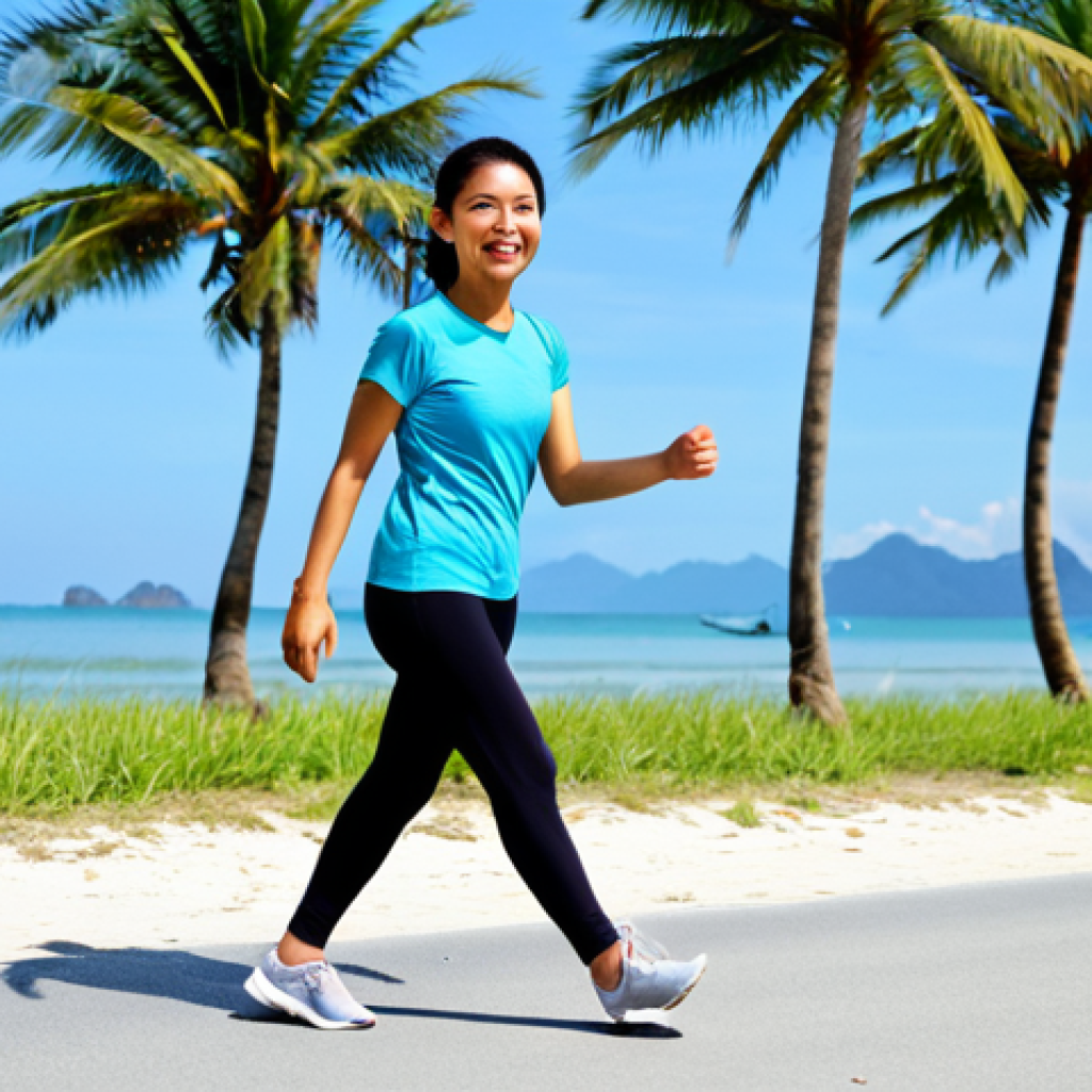 Active Lifestyle**

A Malaysian woman in her late 20s, fully clothed in modest sportswear (t-shirt and leggings), jogging along a scenic beach in Langkawi.  Clear blue sky, palm trees, and gentle waves in the background.  Smiling and energetic.  Perfect anatomy, correct proportions, natural pose.  Safe for work, appropriate content, fully clothed, family-friendly. Professional photography, high quality.

**