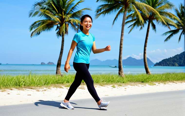 Active Lifestyle**

A Malaysian woman in her late 20s, fully clothed in modest sportswear (t-shirt and leggings), jogging along a scenic beach in Langkawi.  Clear blue sky, palm trees, and gentle waves in the background.  Smiling and energetic.  Perfect anatomy, correct proportions, natural pose.  Safe for work, appropriate content, fully clothed, family-friendly. Professional photography, high quality.

**